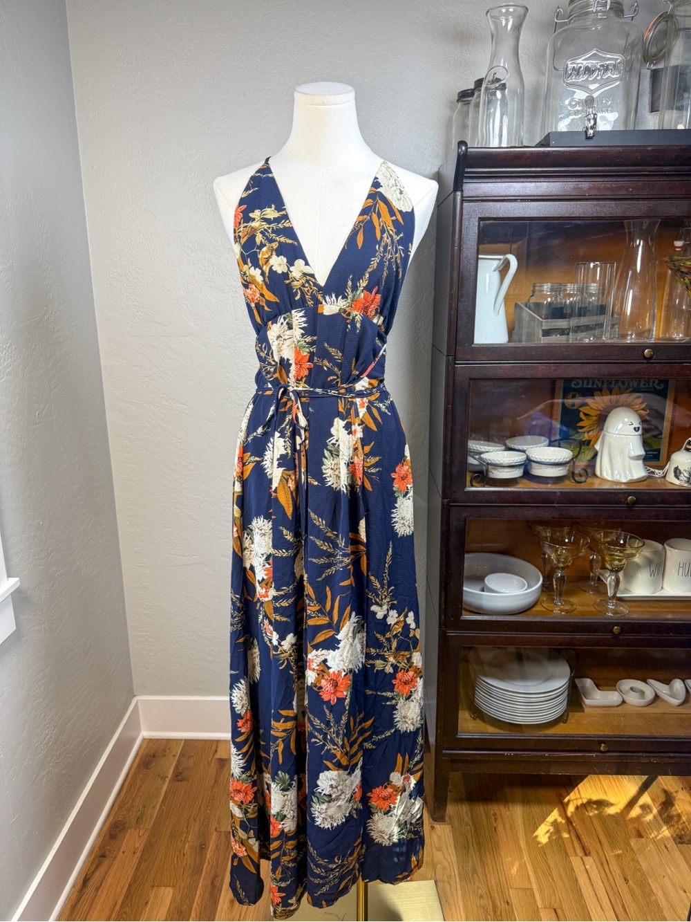Haute Rogue Navy Floral Open Back Crisscross Wrap Front Maxi Dress Size M
